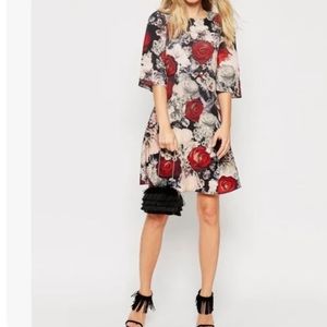 Needle & Thread Dress ROSE WATER Flare 6 Floral Gray Rose Short Sleeve Coquette